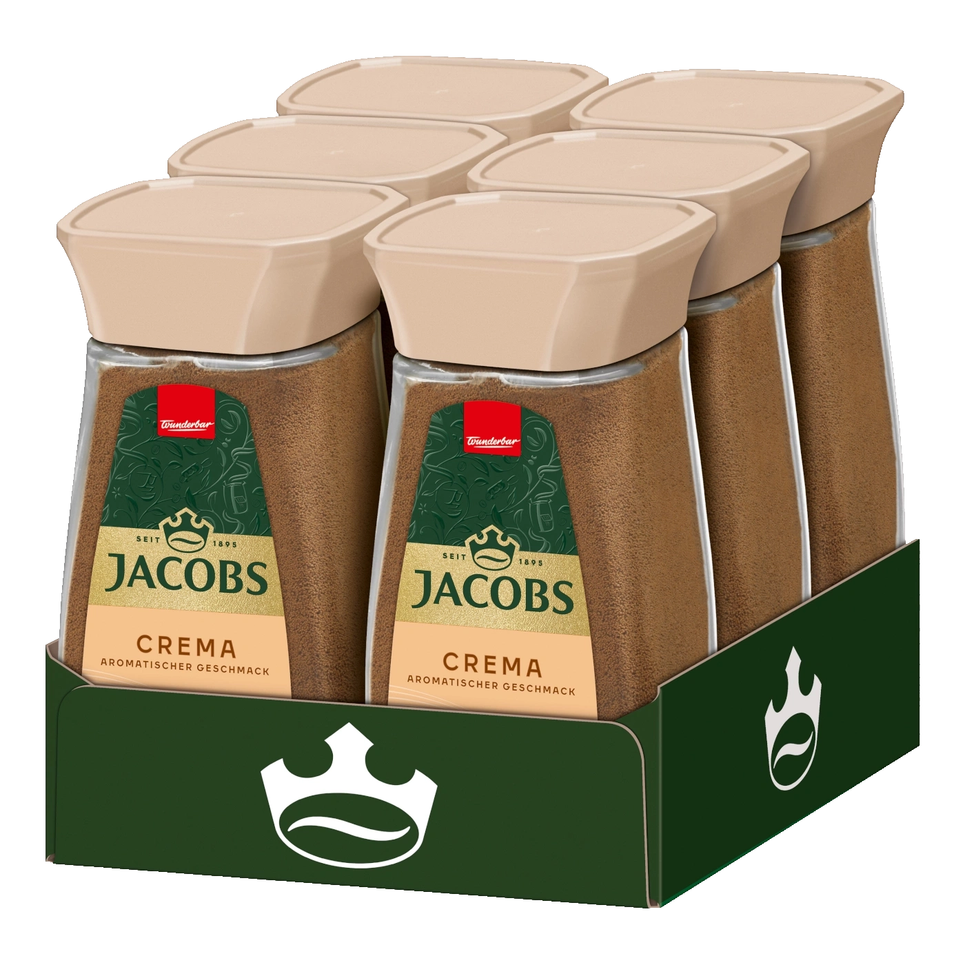 Jacobs Crema Kaffee Packung mit sechs Gläsern in einer grünen Box