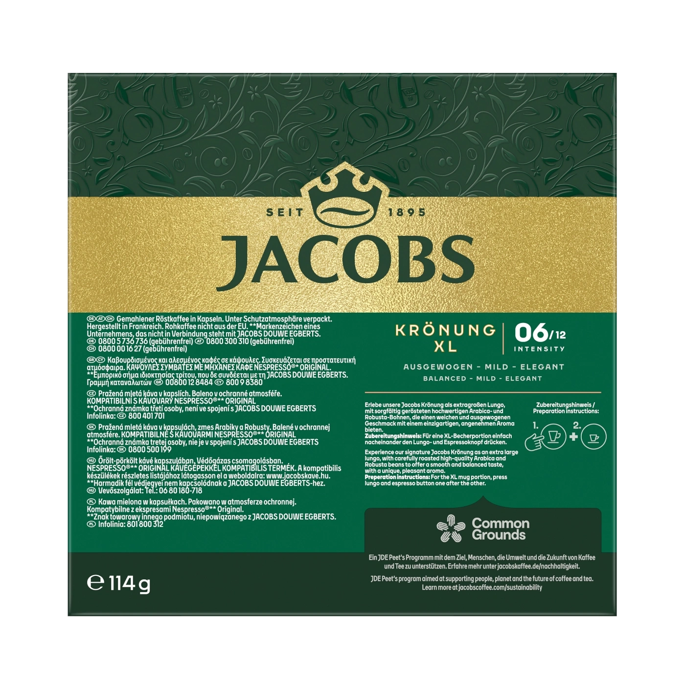 Eine Packung Jacobs Krönung XL Kaffee Kapseln mit der Intensität 06/12.