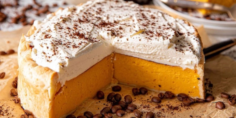 Kuchen mit Sahne und Kaffeebohnen, Ansicht von oben, Nahaufnahme