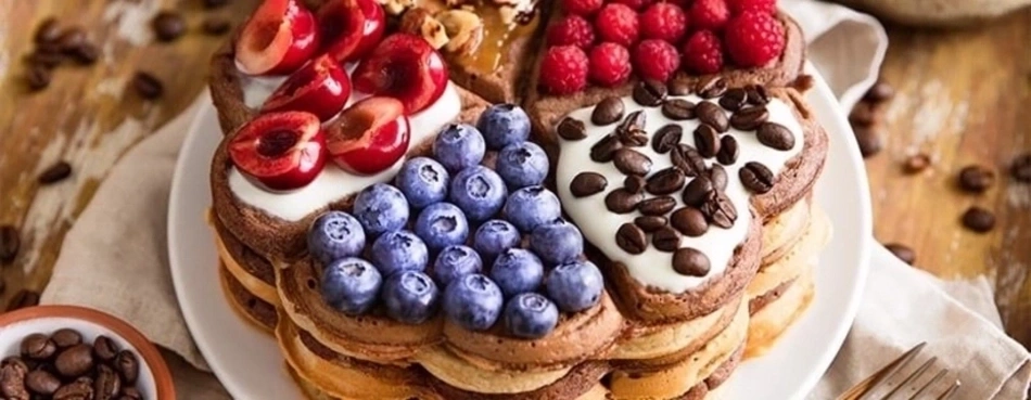 Waffel mit Früchten, Blaubeeren, Kirschen, Himbeeren und Kaffeebohnen auf einem Teller