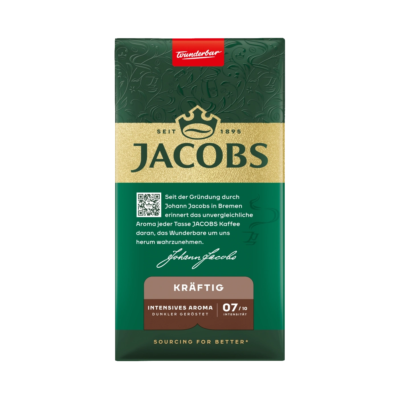 Jacobs Kaffee Packung mit Text, Logo und QR-Code. Kräftig, intensives Aroma.