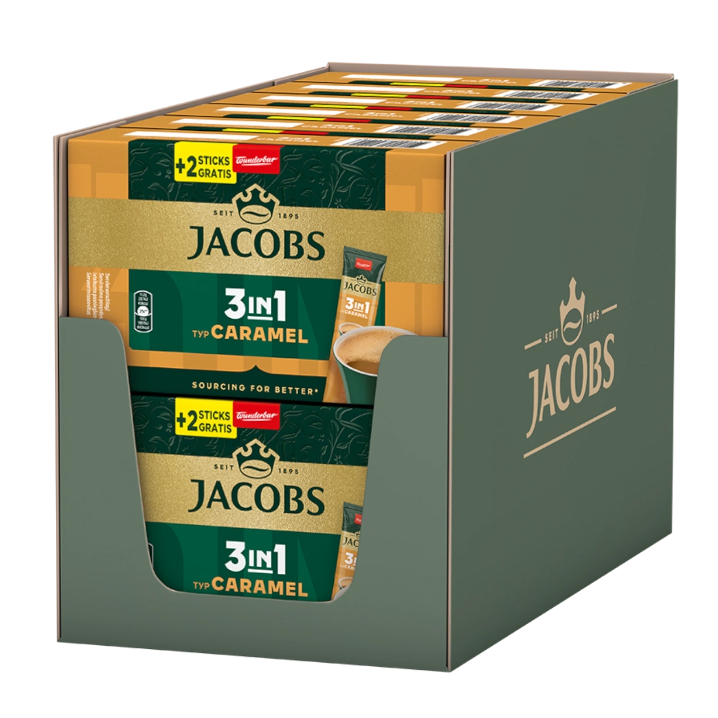 Jacobs 3in1 Caramel Kaffee-Box mit Gratis-Sticks, Typ Caramel, 1895