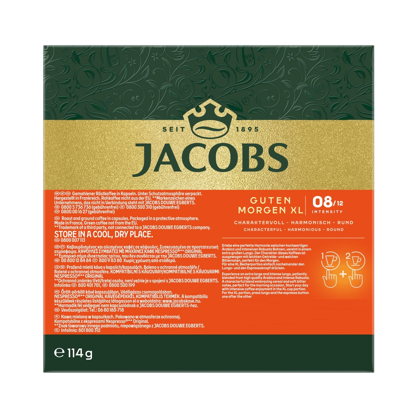 Jacobs Kaffeekapseln im Schutzatmosphäre-Beutel, die für eine starke Kaffeeerfahrung stehen.