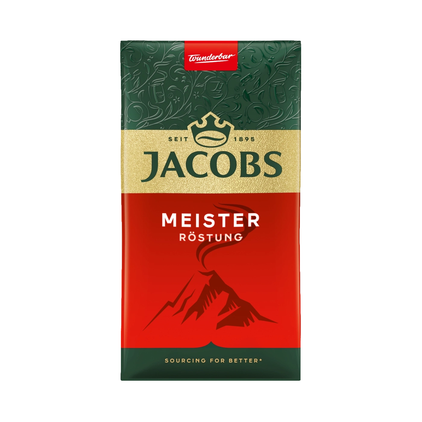 Jacobs Meister Röstung Kaffeepackung mit rotem Hintergrund und Bergmotiv