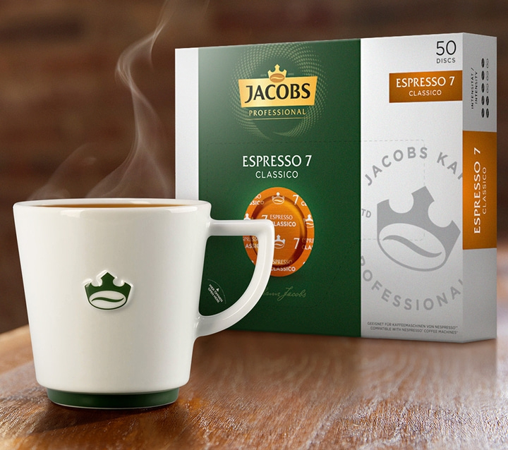 Kaffeetasse und Jacobs Espresso 7 Packung, Klassiko, 50 Discs, professionell