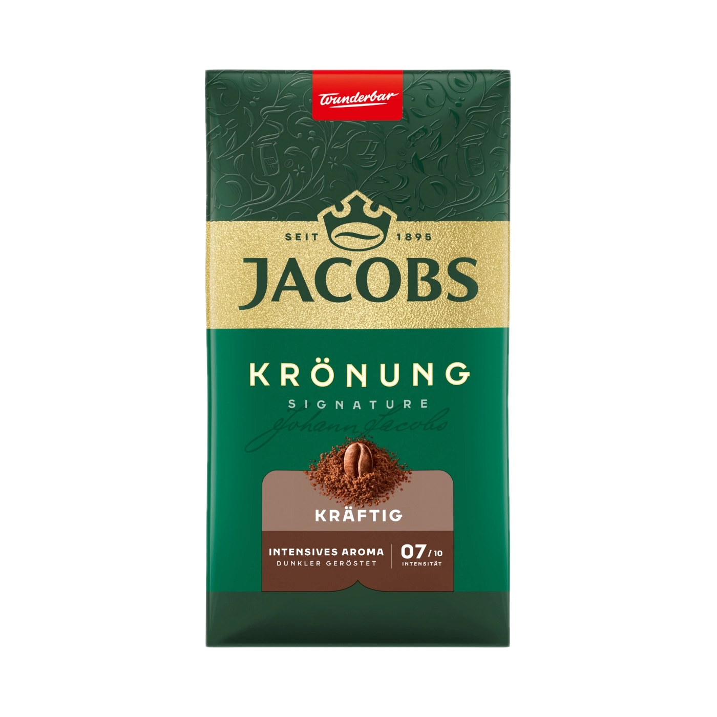Eine Packung Jacobs Krönung Signature Kräftig Kaffee mit intensivem Aroma.
