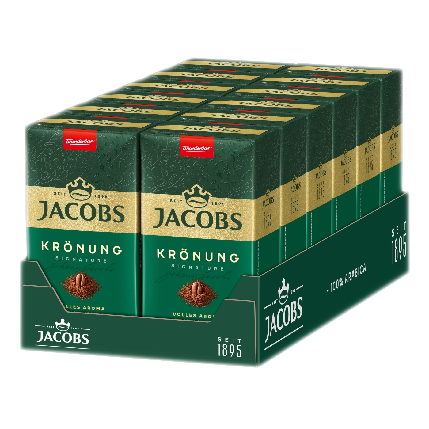 Mehrpackung Jacobs Krönung Kaffee mit dem "Wunderbar"-Siegel und der Aufschrift "Volles Aroma".