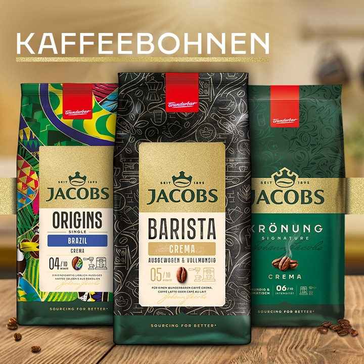 Kaffeebohnen-Pakete: Jacobs Origins, Barista und Krönung mit verschiedenen Geschmacksrichtungen.