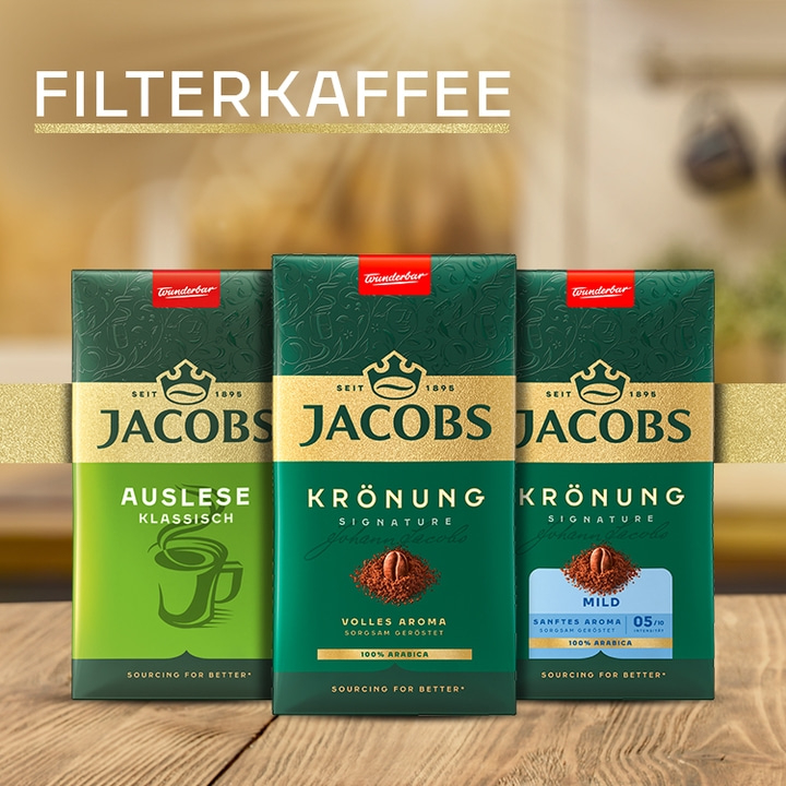 Drei Jacobs Filterkaffee-Packungen: Auslese, Krönung, Krönung Mild, 100% Arabica, Sourcing for Better.