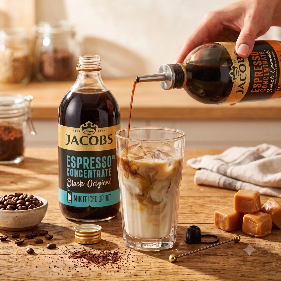 Jemand gießt Jacobs Espresso Konzentrat in ein Glas Eis und Milch.