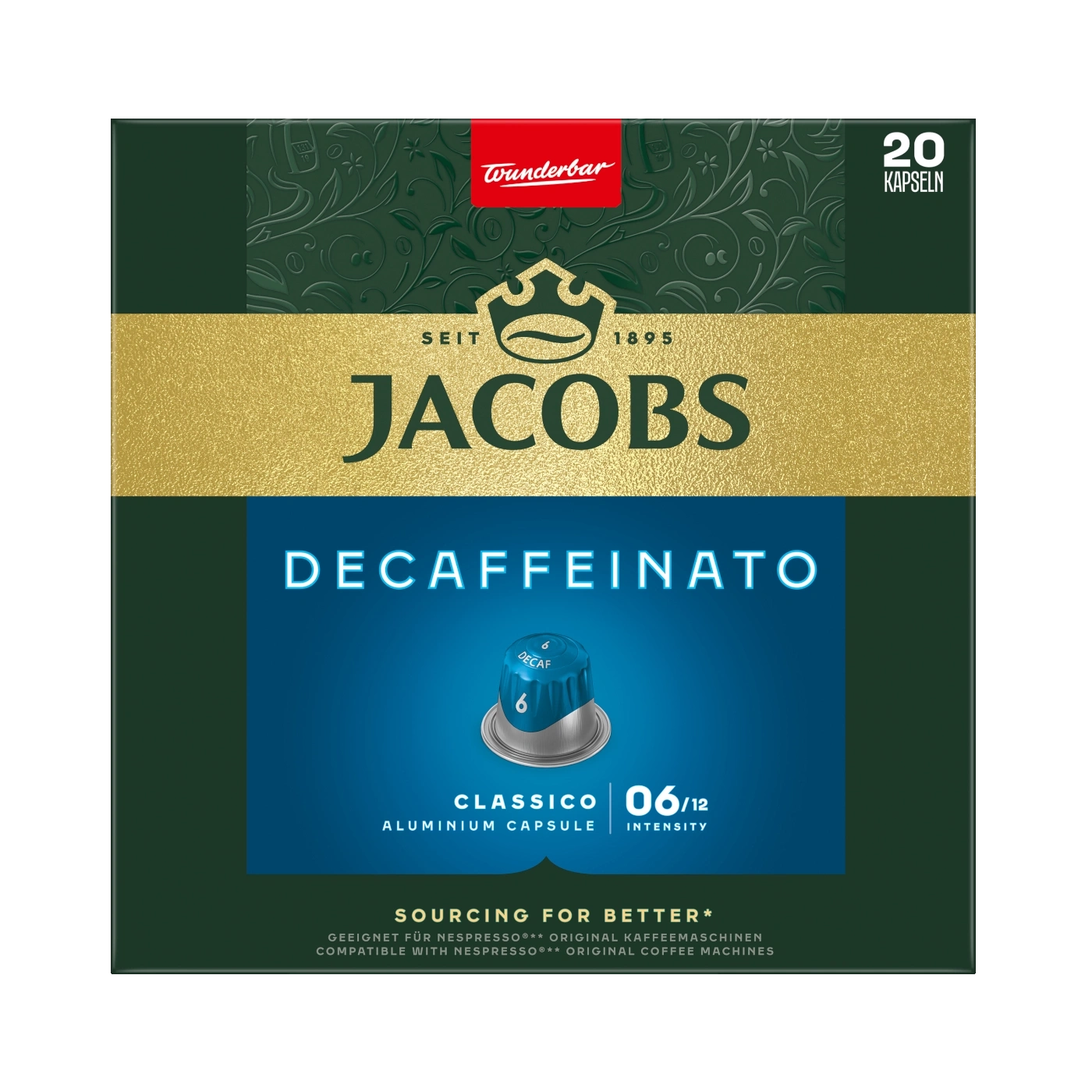 Jacobs Decaffeinato Kaffeekapseln, 20 Kapseln, Classico, Intensität 6/12, Aluminium