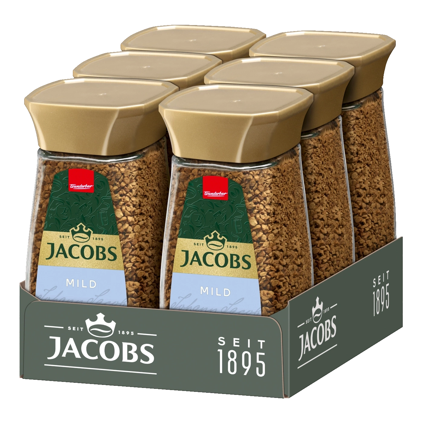 Jacobs Kaffee Packung mit sechs Gläsern, mild, seit 1895, Wunderbar.