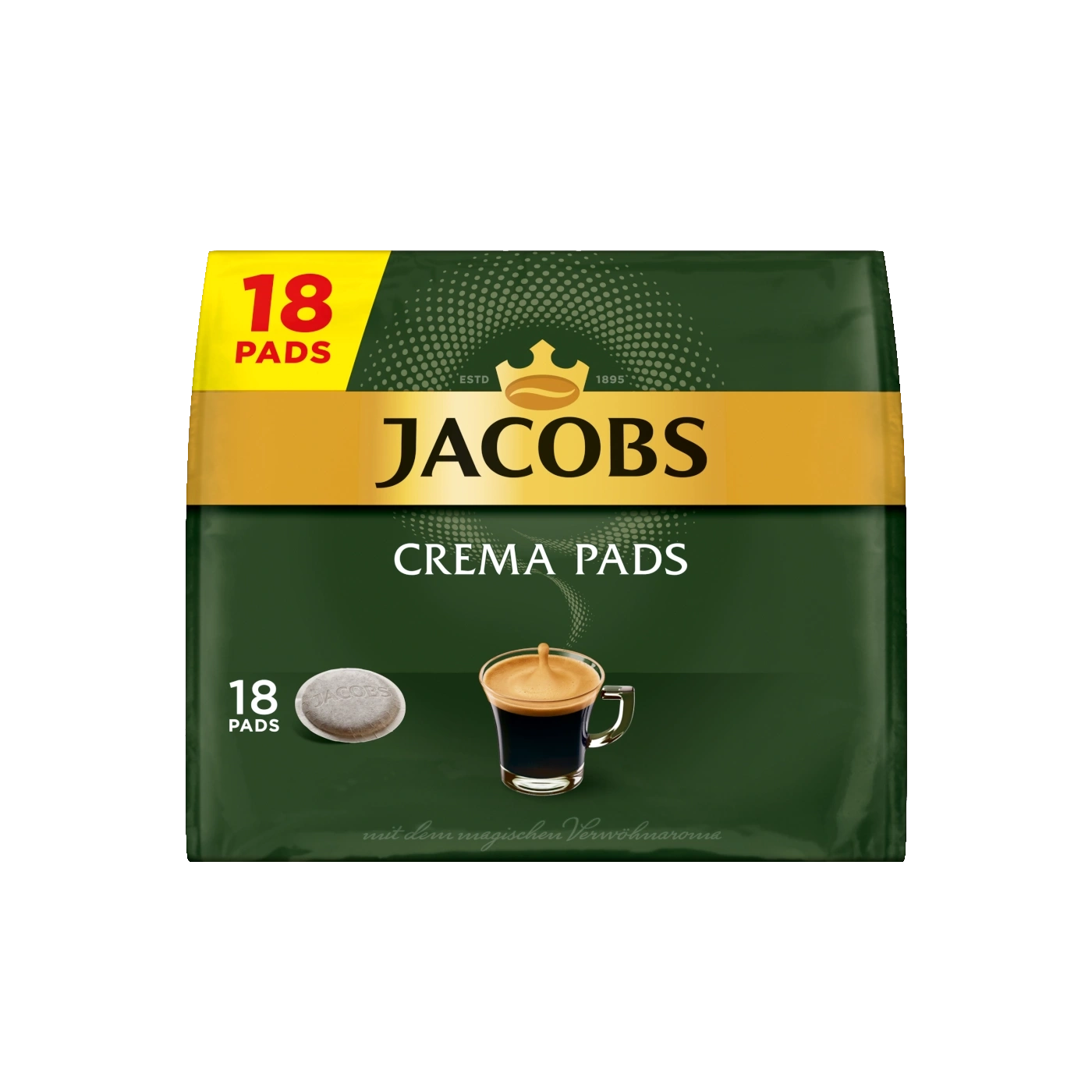 Jacobs Crema Pads, 18 Pads, Kaffee, Espresso, Verpackung, grün, gelb, gold