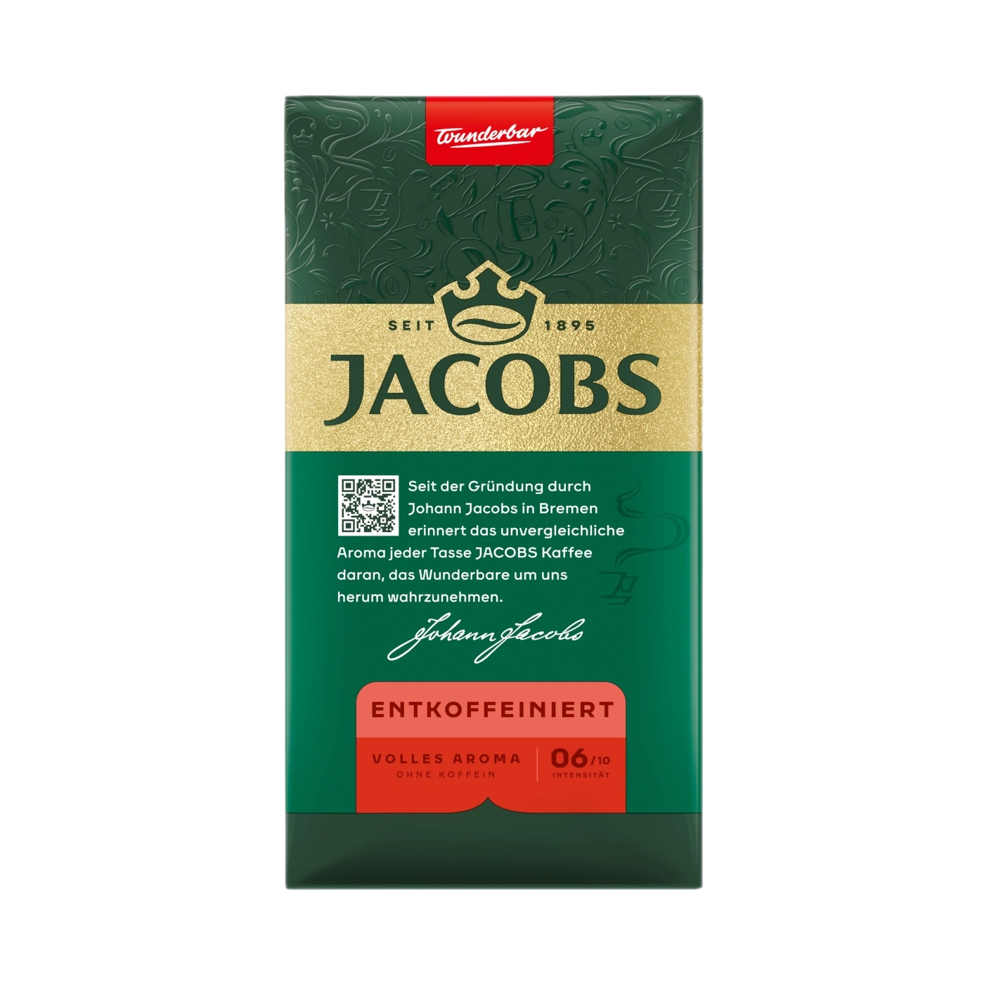Eine Packung Jacobs Kaffee mit der Aufschrift "ENTKOFFEIN
ER
VOLL ES AROMA OHNE KO
FFEIN 06/10 INTENSIT


T