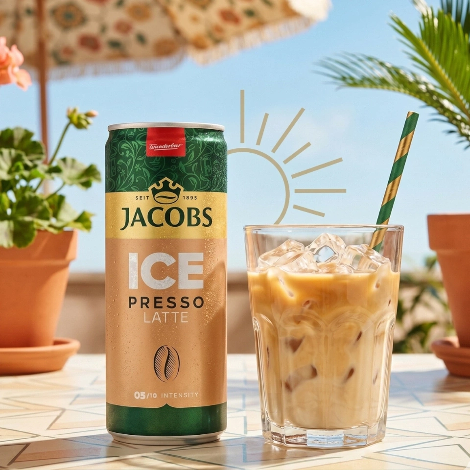 Jacobs Eiskaffee mit Dose auf einem Tisch im Freien