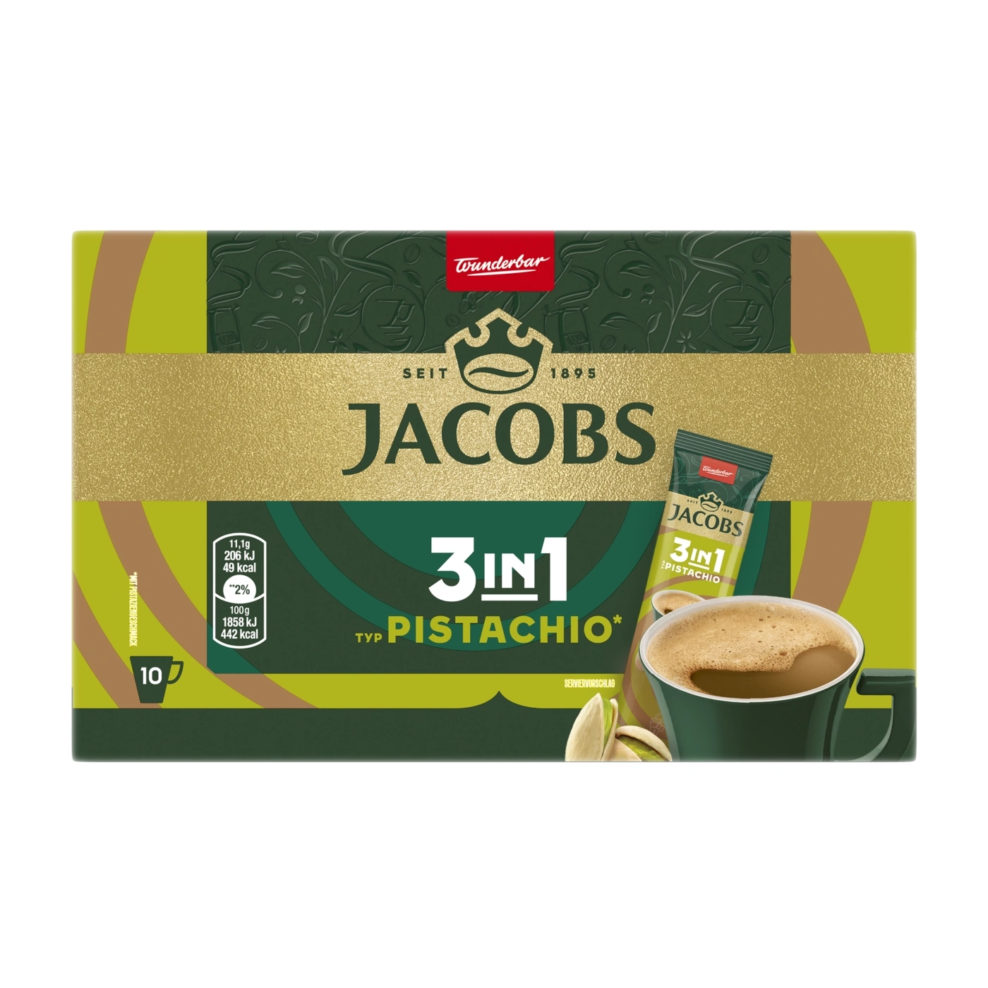 Jacobs 3in1 Pistachio coffee packaging with a cup of coffee