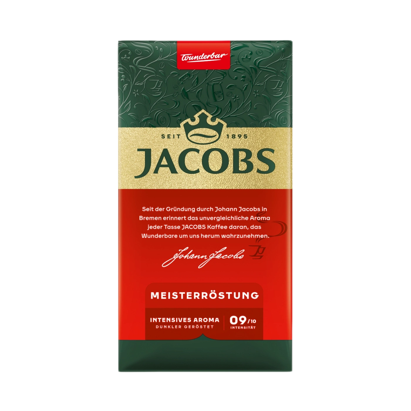 Verpackung für Jacobs Kaffee mit der Aufschrift "Meisterröstung" und "Intensives Aroma".