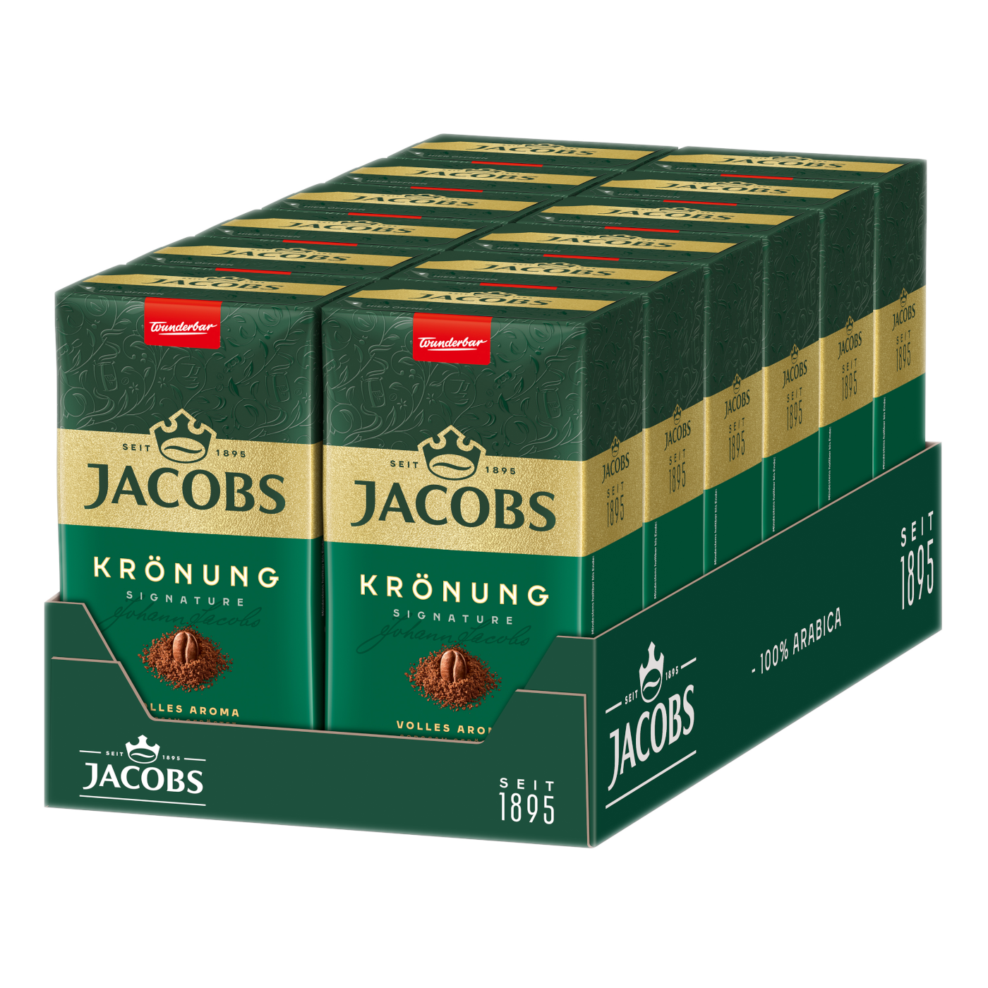 Verpackung mit Jacobs Krönung Kaffee, 100% Arabica, seit 1895.