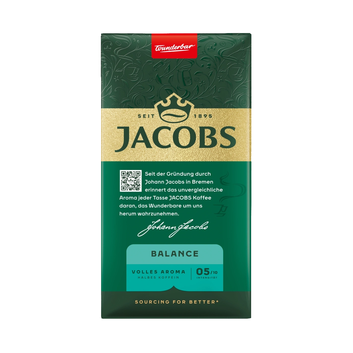 Jacobs Kaffee Packung, Balance, volles Aroma, halb Koffein, Intensität 5/10