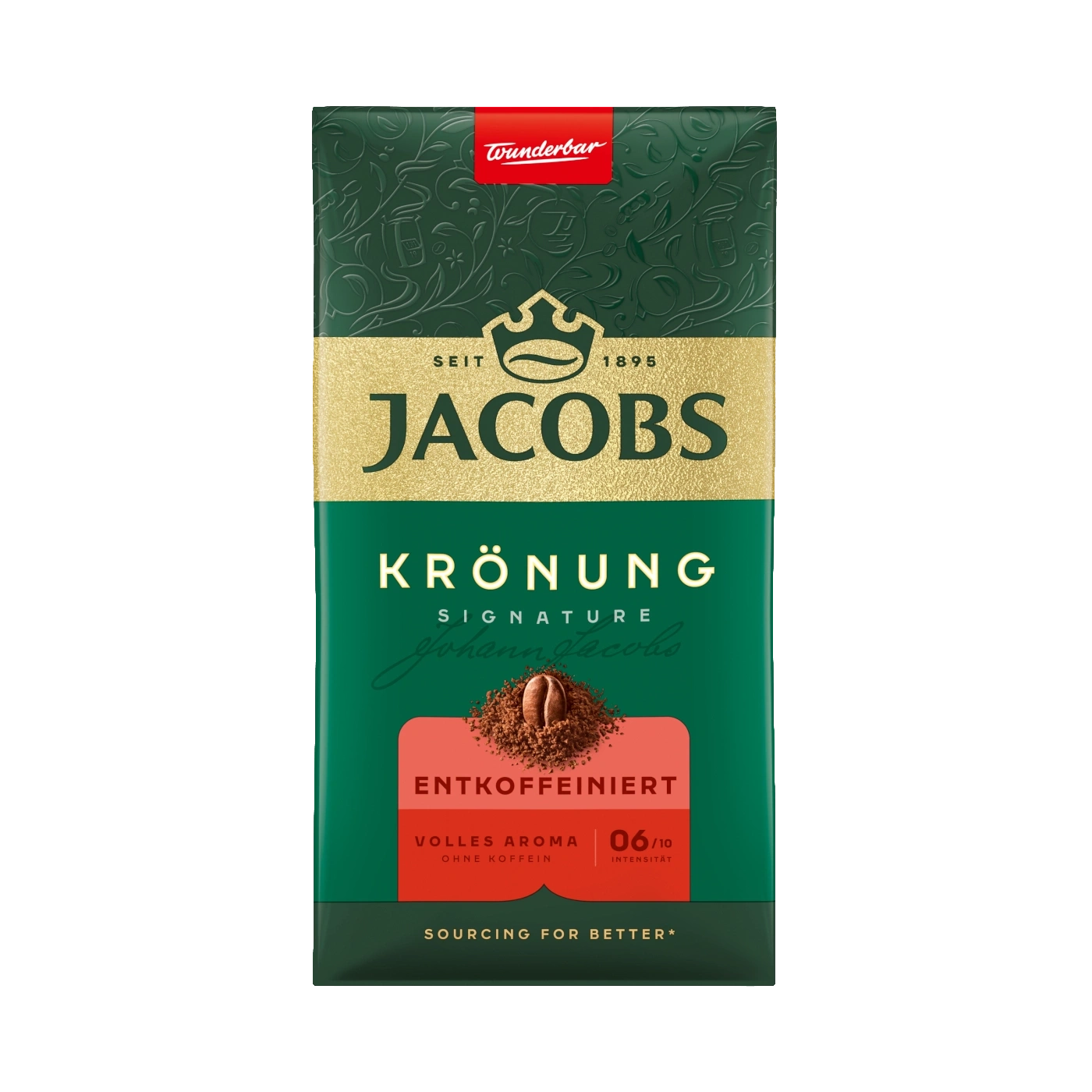 Kaffeepackung von Jacobs Krönung, entkoffeiniert, volles Aroma, Intensität 6/10, Johann Jacobs