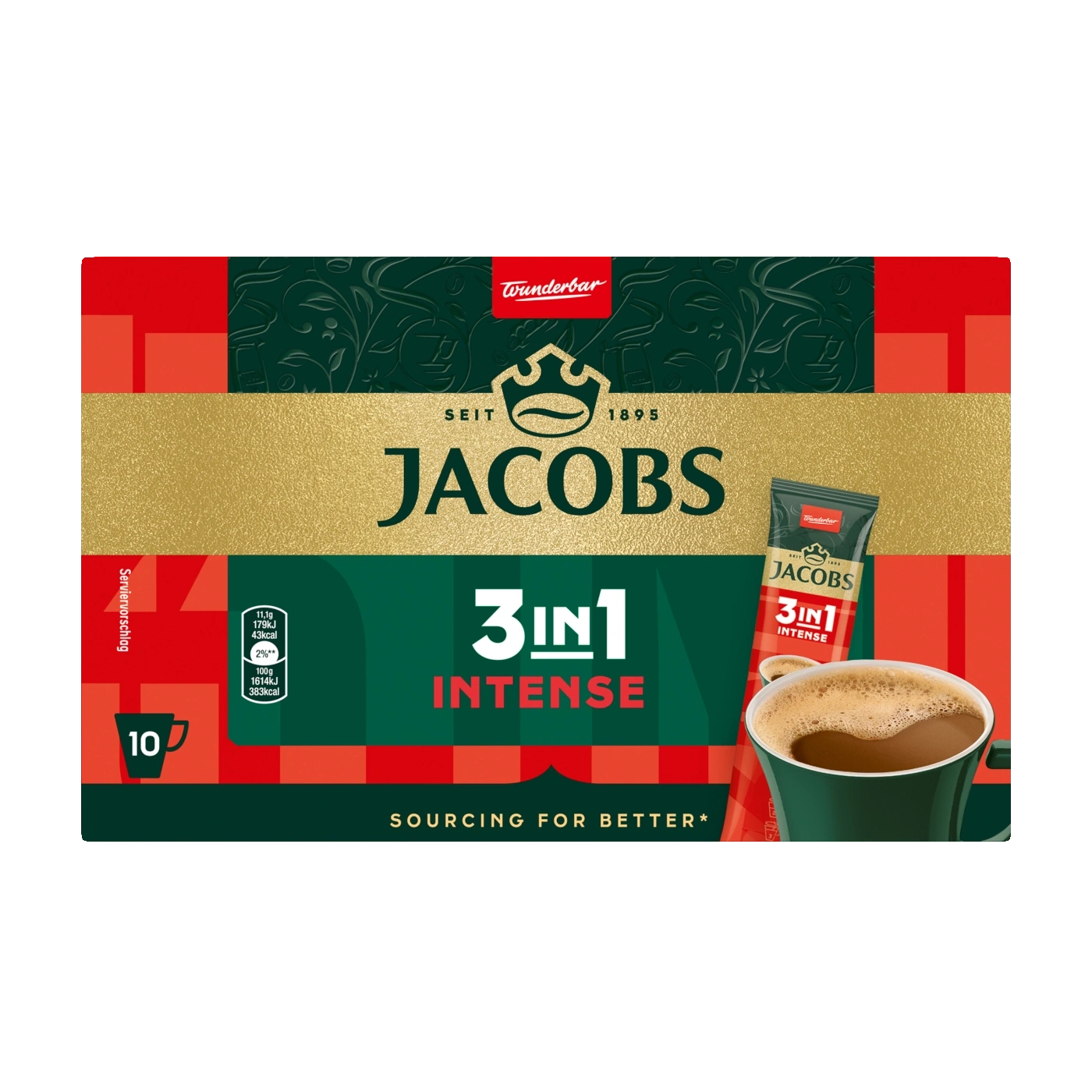 Jacobs 3in1 Intense Kaffee Packung mit Serviervorschlag und Nährwertangaben