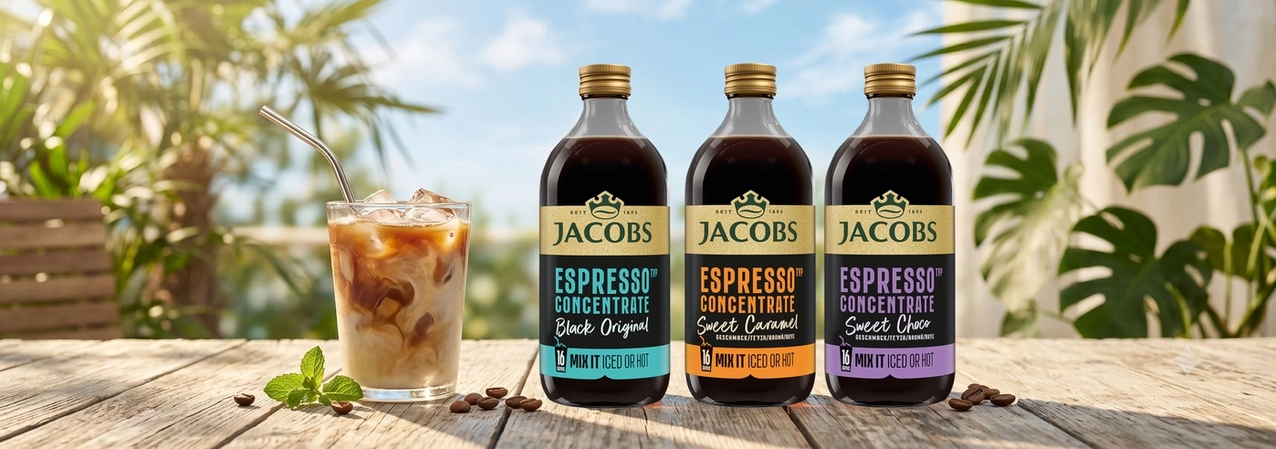 Drei Flaschen Jacobs Espresso Konzentrat auf einem Holztisch mit einem Glas Eiskaffee daneben.