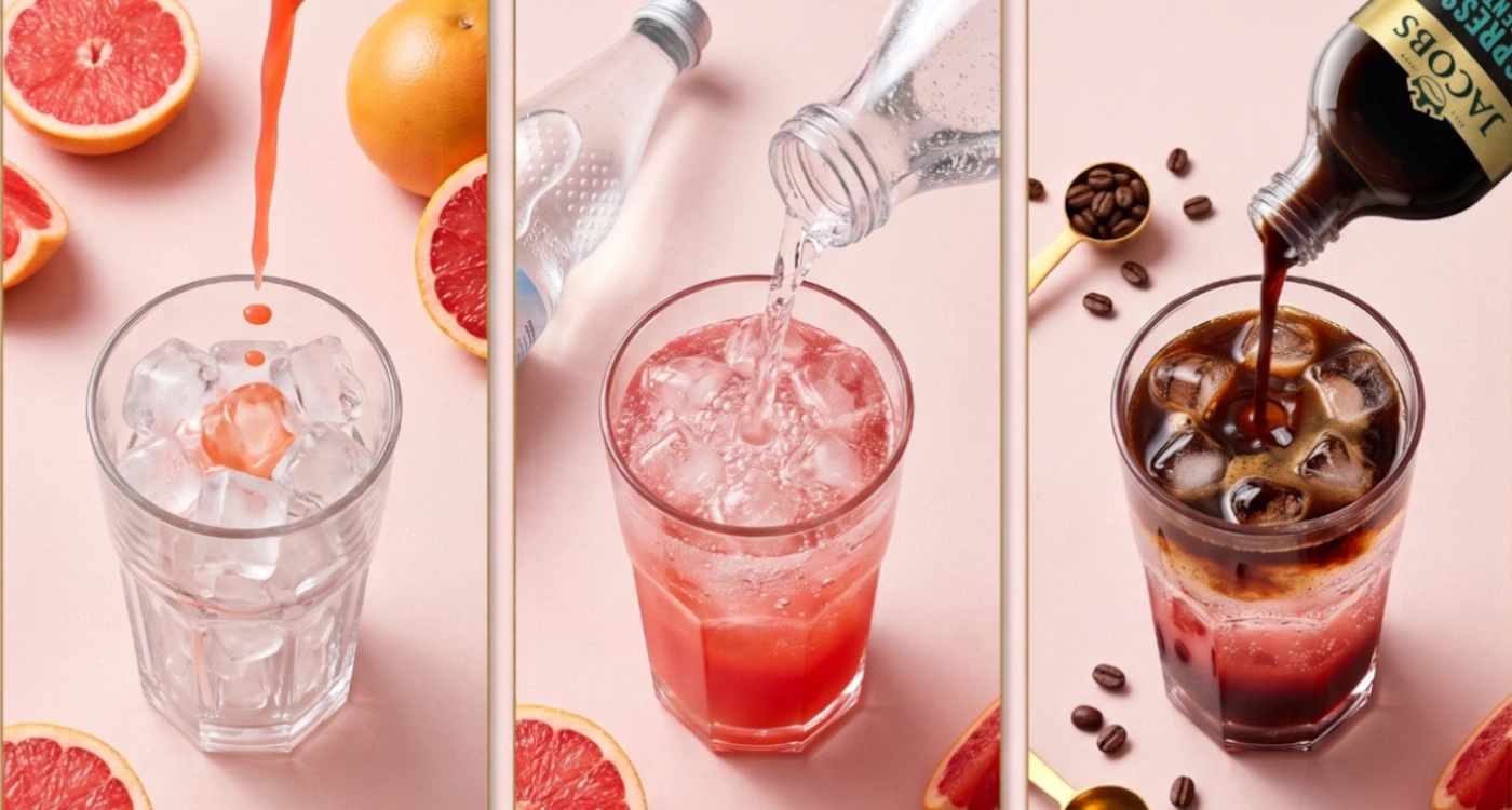 Drei Gläser mit Eiswürfeln und Getränken, darunter Grapefruit und Kaffee.