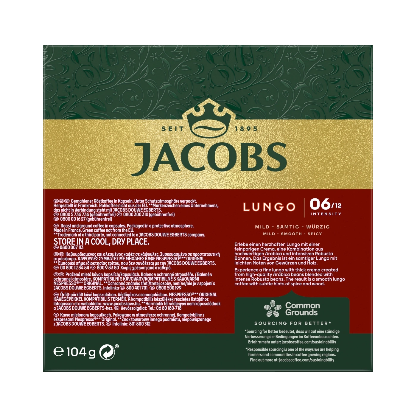 Jacobs Lungo Kaffee Kapseln, 06/12 Intensität, mild, samtig, würzig, 104g, Common Grounds