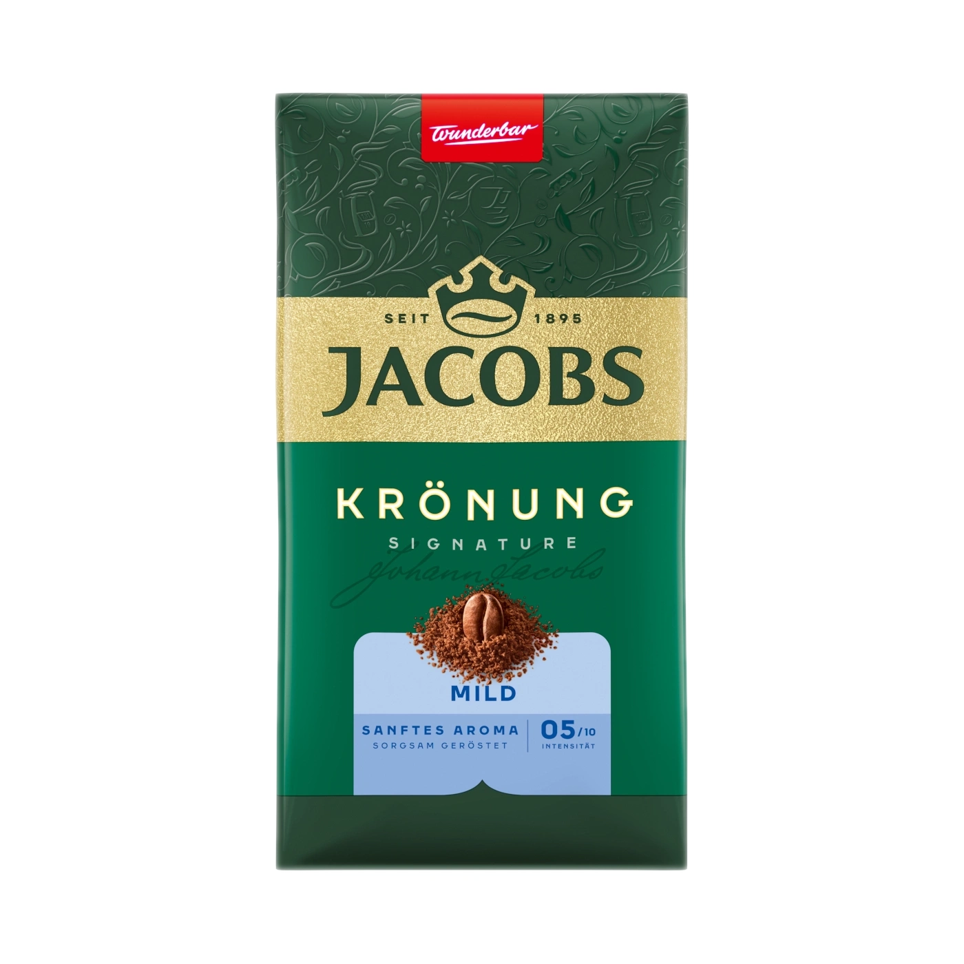 Jacobs Krönung Signature Mild Kaffee, 500g Packung mit goldenem Logo.
