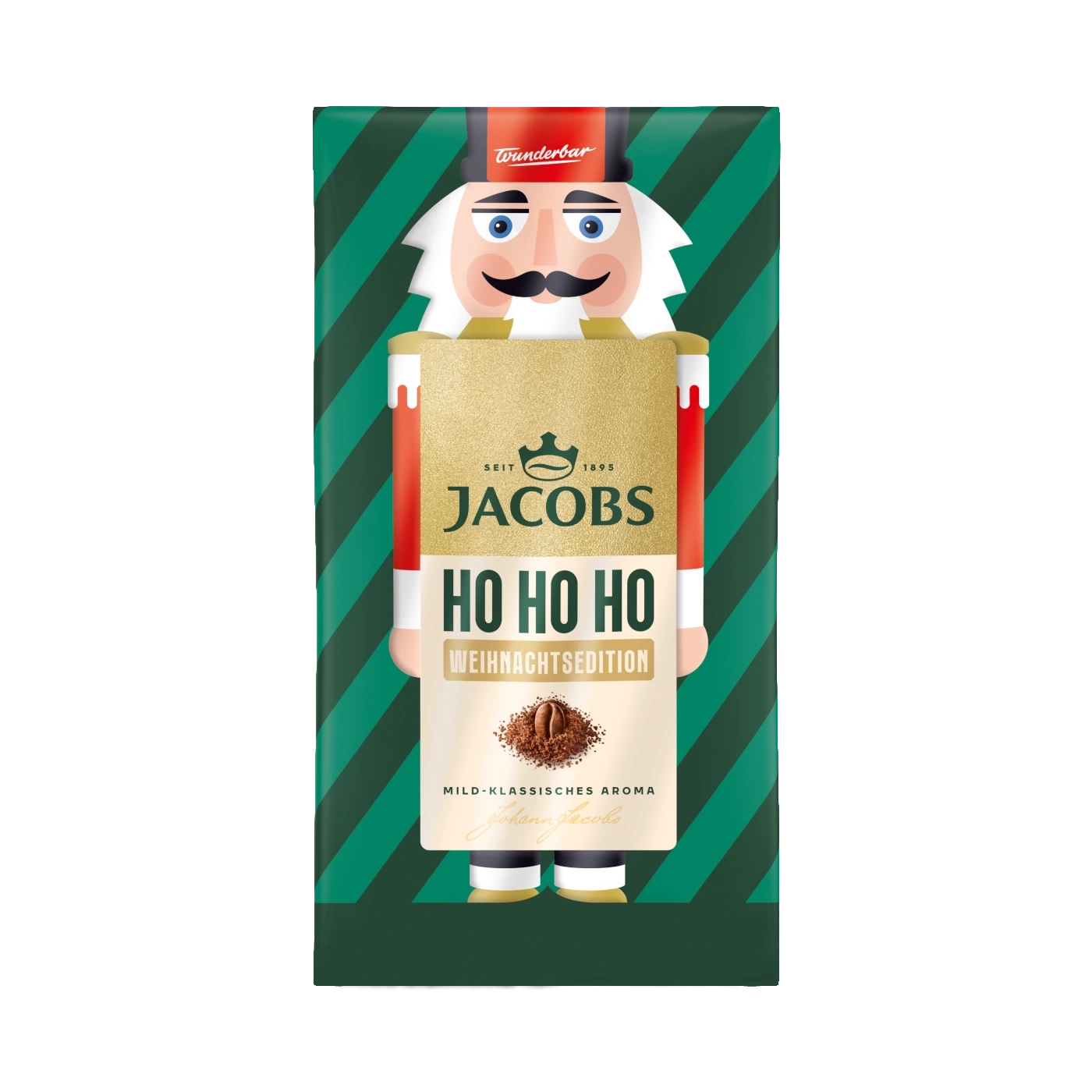 Jacobs Weihnachtsedition Nutcracker Kaffee mit Schriftzug "HO HO HO" und "Wunderbar"
