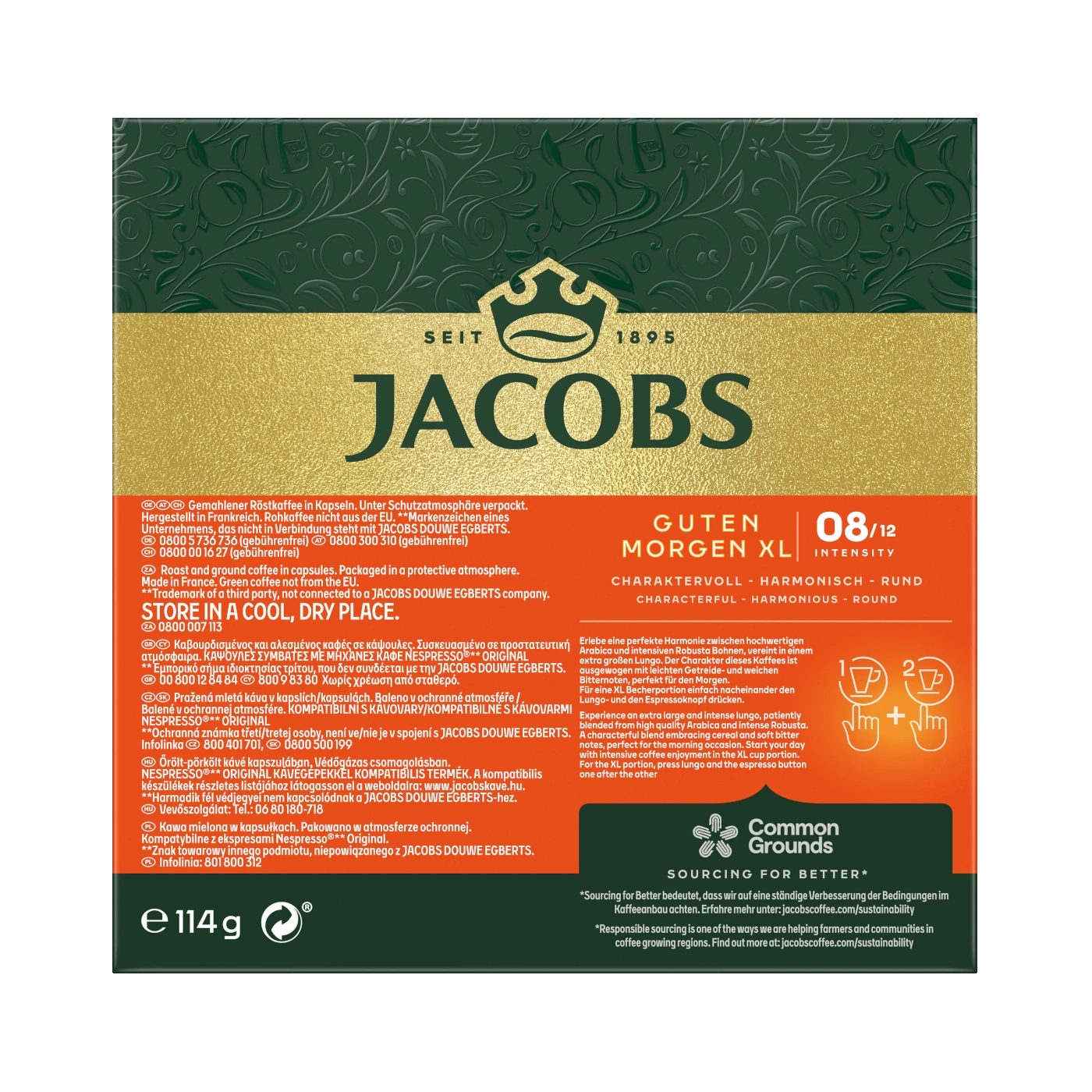 Kaffee Jacobs Guten Morgen XL, 08/12, Charaktervoll, harmonisch, rund, 114g, Kapseln